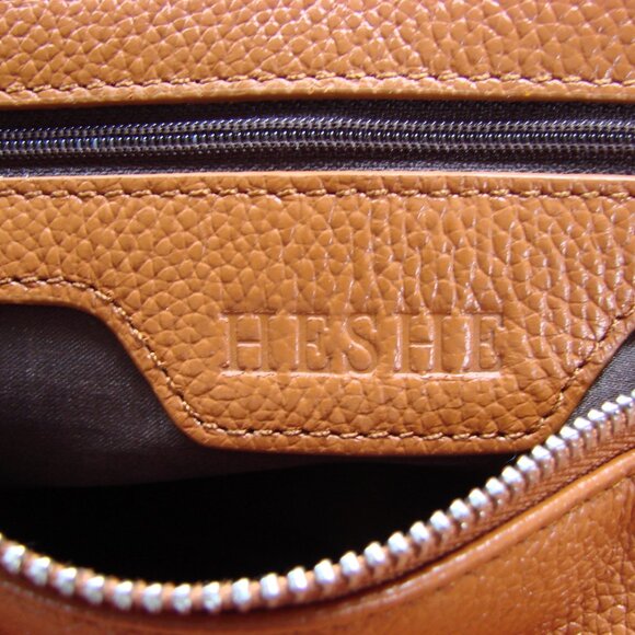 Heshe Genuine Pepple Grain Leather Tote Shoulder Bag Satchel Purse Tan Brown - Picture 12 of 15